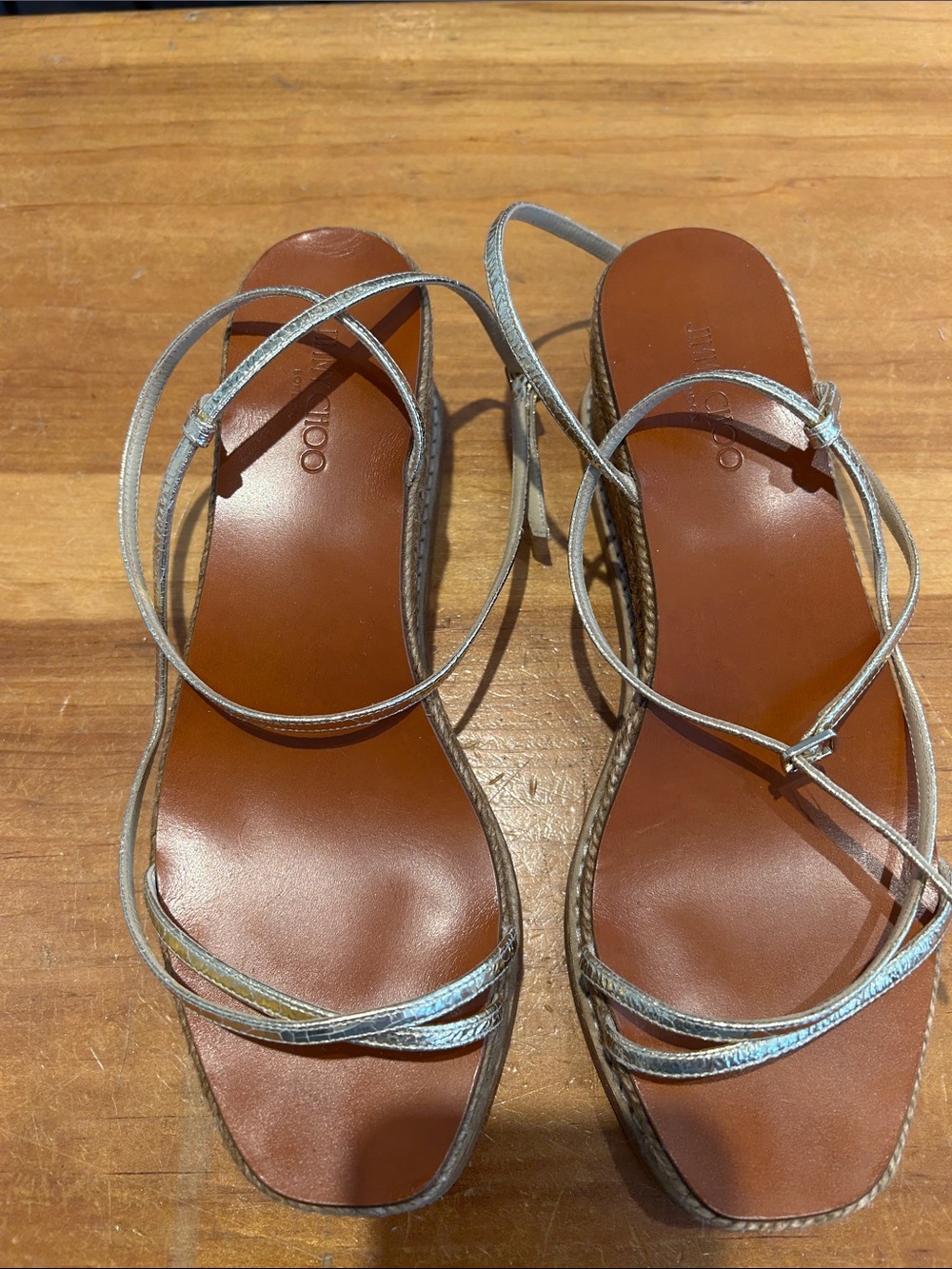 Jimmy Choo Silver Strappy Sandal with Brown Footbed